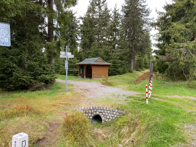 Wegweiser und Schutzhütte an einer Waldkreuzung